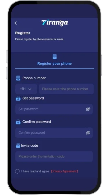 Tiranga Game register page